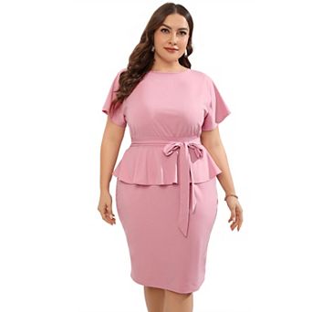 Plus Size Women's Elegant Dress Short Sleeve Crew Neck Bodycon Dress with Belt