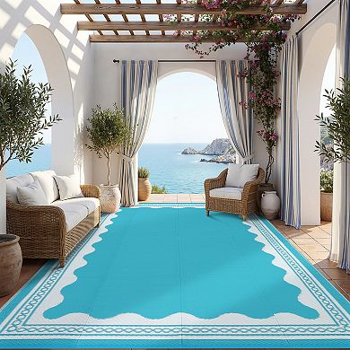 Modern Bordered Outdoor Area Rug UV Resistant Reversible Lightweight Carpet for Beach Vacation