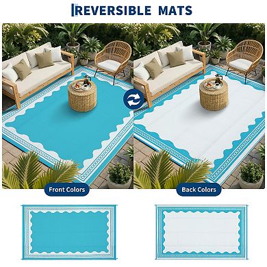 Modern Bordered Outdoor Area Rug UV Resistant Reversible Lightweight Carpet for Beach Vacation