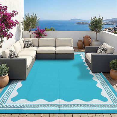 Modern Bordered Outdoor Area Rug UV Resistant Reversible Lightweight Carpet for Beach Vacation