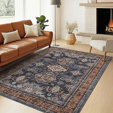 Medallion Area Rug Machine Washable Low Pile Stain Resistant Carpet for Dining Room Bathroom