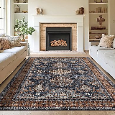 Medallion Area Rug Machine Washable Low Pile Stain Resistant Carpet for Dining Room Bathroom