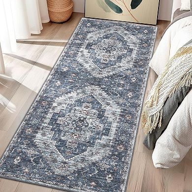 Distressed Area Rug Non Slip Foldable Low Pile Ultra Thin Pet Friendly Floor Cover for Bedroom