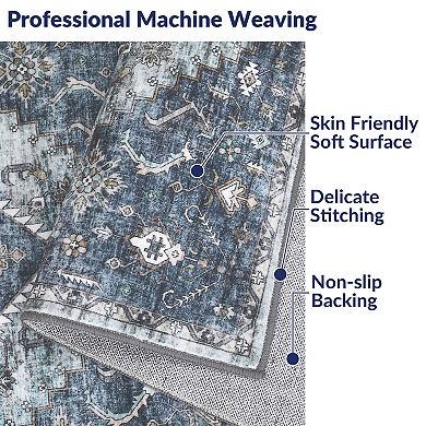 Distressed Area Rug Non Slip Foldable Low Pile Ultra Thin Pet Friendly Floor Cover for Bedroom
