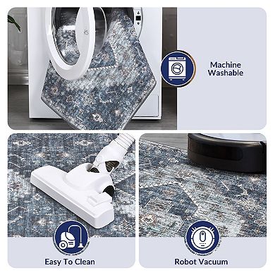 Distressed Area Rug Non Slip Foldable Low Pile Ultra Thin Pet Friendly Floor Cover for Bedroom