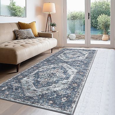 Distressed Area Rug Non Slip Foldable Low Pile Ultra Thin Pet Friendly Floor Cover for Bedroom