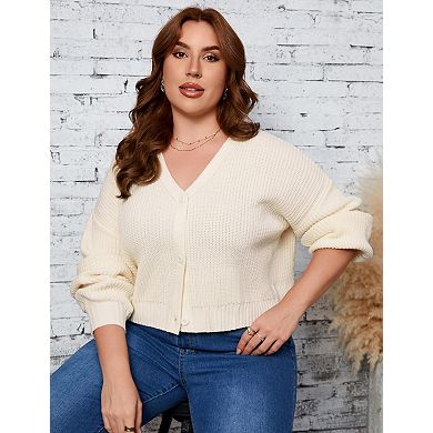Women Plus Size Cardigan Cropped V Neck Button Down Long Sleeve Knit Sweater