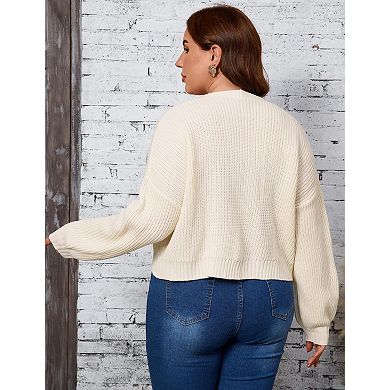 Women Plus Size Cardigan Cropped V Neck Button Down Long Sleeve Knit Sweater