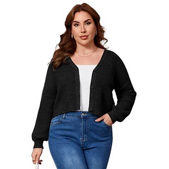Women Plus Size Cardigan Cropped V Neck Button Down Long Sleeve Knit Sweater