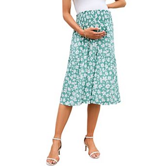 Maternity Skirt Floral Printed Smocked High Waist Tiered Midi Skirt Pregnancy Skirts