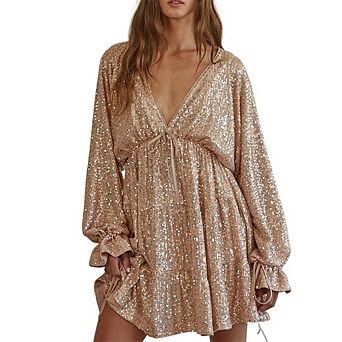 Women's Tie Waist Long Puff Sleeve Sequin Mini Dress V-Neck Tiered Dress