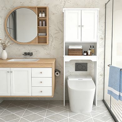 White Wood Over-The-Toilet Bathroom Storage Cabinet Space Saver With Adjustable Shelves