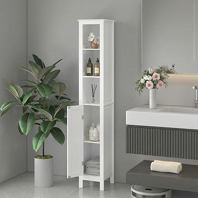 White 67-Inch Tall Narrow Freestanding Bathroom Storage Cabinet With One Reversible Door