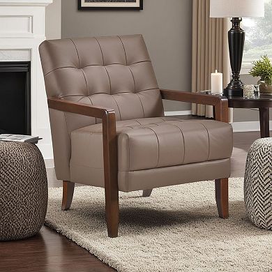Lenie Accent Armchair, Button Tufted Leather, Wood