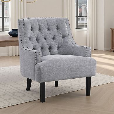 Daisie Accent Armchair, Button Tufted Chenille, Solid Wood