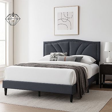 Reo Bed, Burlap Upholstered Curved Headboard