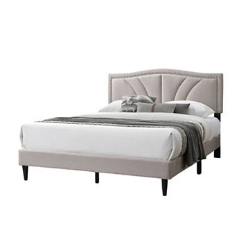 Reo Bed, Burlap Upholstered Curved Headboard