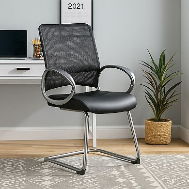 Guest Armchair, Faux Leather, Pewter Cantilever