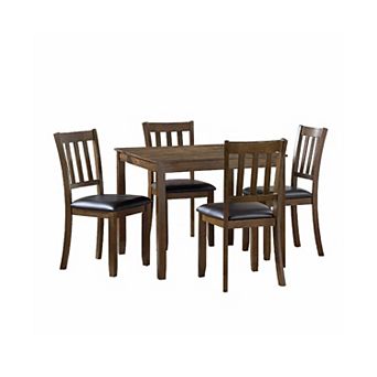 Nova 5 pc Square Dining Table Set, 4 Slat Back Faux Leather Chairs, Brown