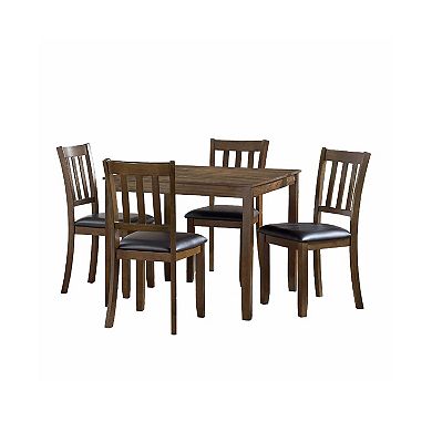 Nova 5pc Square Dining Table Set, 4 Slat Back Faux Leather Chairs, Brown