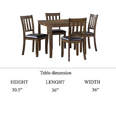 Nova 5pc Square Dining Table Set, 4 Slat Back Faux Leather Chairs, Brown