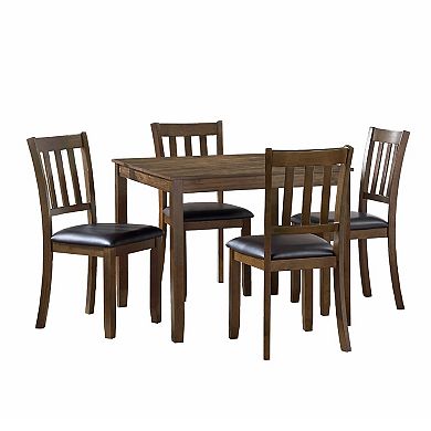 Nova 5pc Square Dining Table Set, 4 Slat Back Faux Leather Chairs, Brown