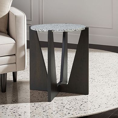 Accent Table, Round Terrazzo Tabletop, Dark Brown Mango Wood