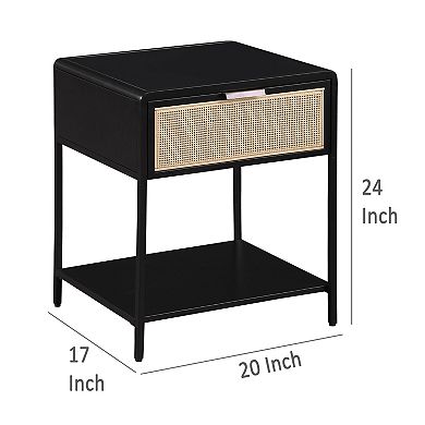 Lanie Bedside Table with Drawer and Open Shelf, PE Cane, Metal