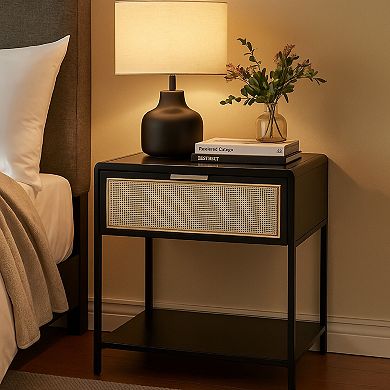 Lanie Bedside Table with Drawer and Open Shelf, PE Cane, Metal