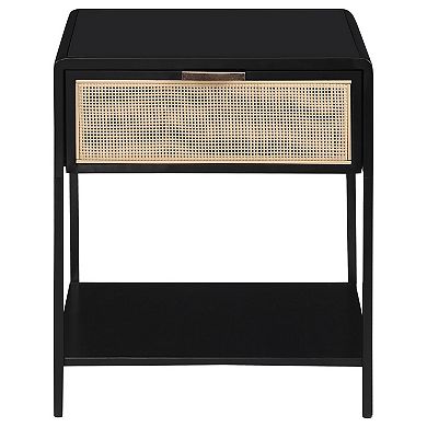 Lanie Bedside Table with Drawer and Open Shelf, PE Cane, Metal