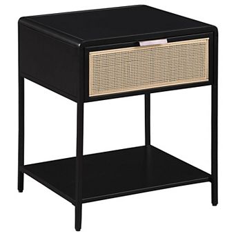 Lanie Bedside Table with Drawer and Open Shelf, PE Cane, Metal