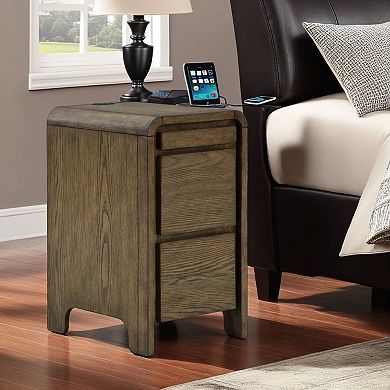Accent Table, USB Charging Ports, 17 Inch Warm Brown Wood Veneer