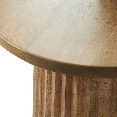 Ceil Accent Table, Round Fluted Walnut Brown Solid Wood Base, 20 Inch