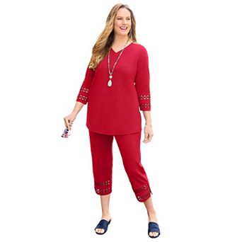 Catherines Women's Plus Size Suprema 3/4 Sleeve V-Neck Crochet Trim Tee