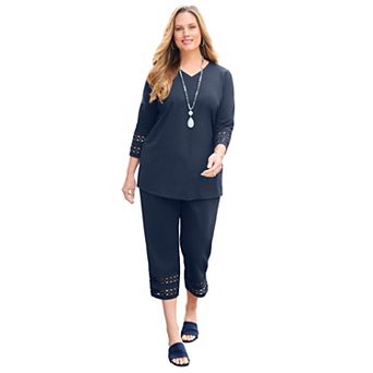 Catherines Women's Plus Size Suprema 3/4 Sleeve V-Neck Crochet Trim Tee