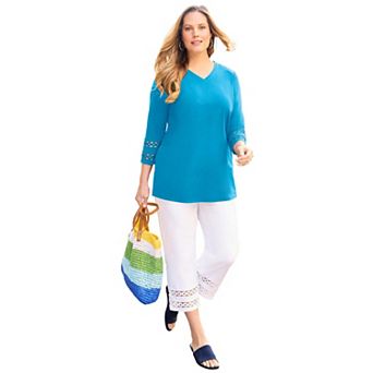 Catherines Women's Plus Size Suprema 3/4 Sleeve V-Neck Crochet Trim Tee