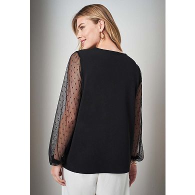 Jessica London Women's Plus Size Stretch Crepe Square Neck Mixed Media Top