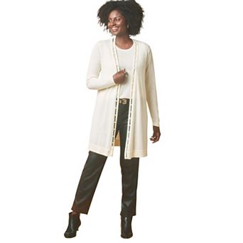 Jessica London Women's Plus Size Pearl Trim Carefree Cashmere Cardigan