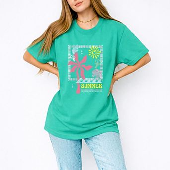 Summer Icons Colorful Puff Print - Women's Garment Dyed Graphic T-Shirt