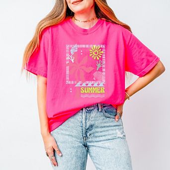 Summer Icons Colorful Puff Print - Women's Garment Dyed Graphic T-Shirt