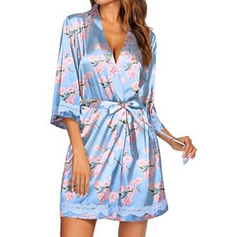 Ekouaer Women's Lace-Trim Silk Robes Bride Bridesmaid Kimono Satin Bathrobe V Neck Sleepwear