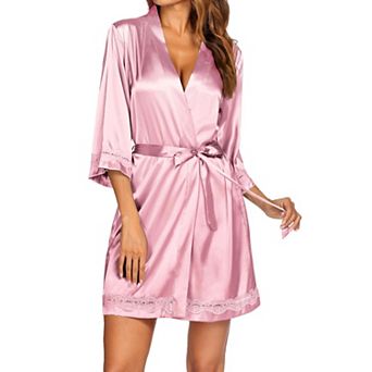 Ekouaer Women's Lace-Trim Silk Robes Bride Bridesmaid Kimono Satin Bathrobe V Neck Sleepwear