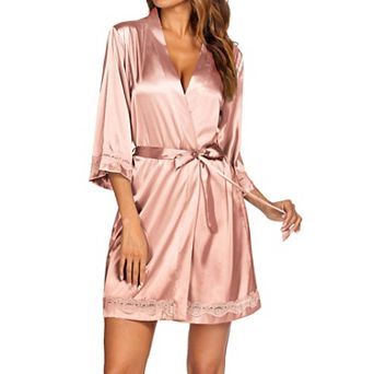 Ekouaer Women's Lace-Trim Silk Robes Bride Bridesmaid Kimono Satin Bathrobe V Neck Sleepwear