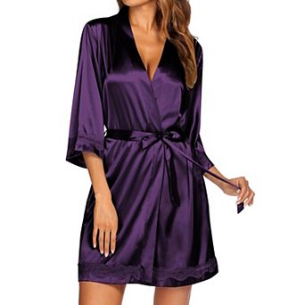 Ekouaer Women's Lace-Trim Silk Robes Bride Bridesmaid Kimono Satin Bathrobe V Neck Sleepwear
