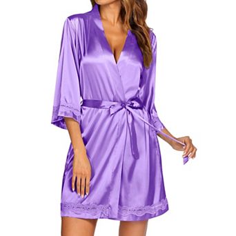 Ekouaer Women's Lace-Trim Silk Robes Bride Bridesmaid Kimono Satin Bathrobe V Neck Sleepwear