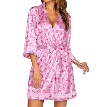 Ekouaer Women's Lace-Trim Silk Robes Bride Bridesmaid Kimono Satin Bathrobe V Neck Sleepwear