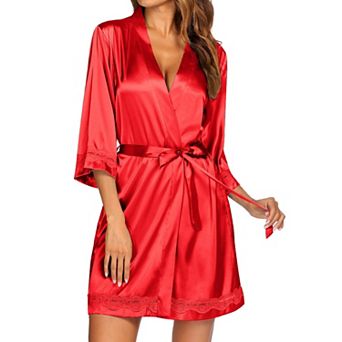Ekouaer Women's Lace-Trim Silk Robes Bride Bridesmaid Kimono Satin Bathrobe V Neck Sleepwear