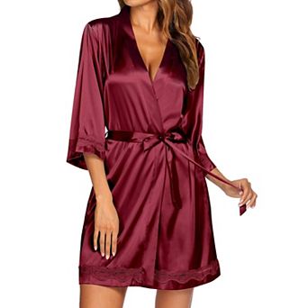 Ekouaer Women's Lace-Trim Silk Robes Bride Bridesmaid Kimono Satin Bathrobe V Neck Sleepwear