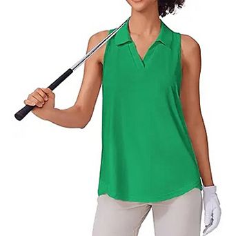 PINSPARK Women's Sleeveless V-Neck Golf Polo Sun Protection Moisture Wicking Athletic Tank Top