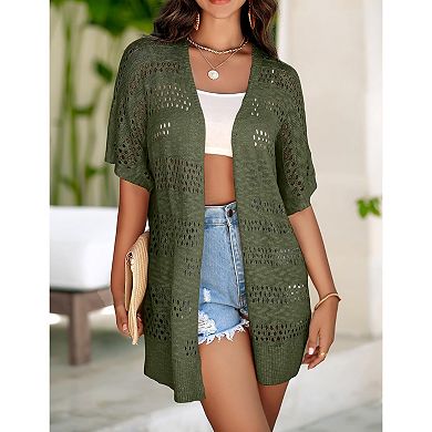 Zeagoo Women's Lightweight Crochet Knit Cardigan Boho Short Sleeve Open Front Oversized Tops